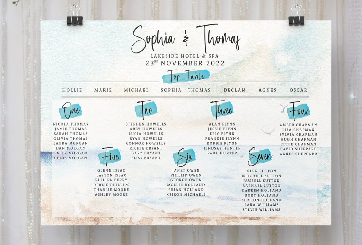 Seascape Table Plan, Personalised Wedding Seating Chart, Table Plan A2, A1, Wedding Decor, Aisle Decor, Beach Wedding, Destination Wedding.
