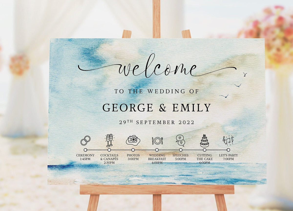 Personalised Seascape Welcome Sign, Foamex Signs A1, A2, Wedding Schedule, Beach Wedding, Destination Wedding, Wedding Decor, Aisle Decor.