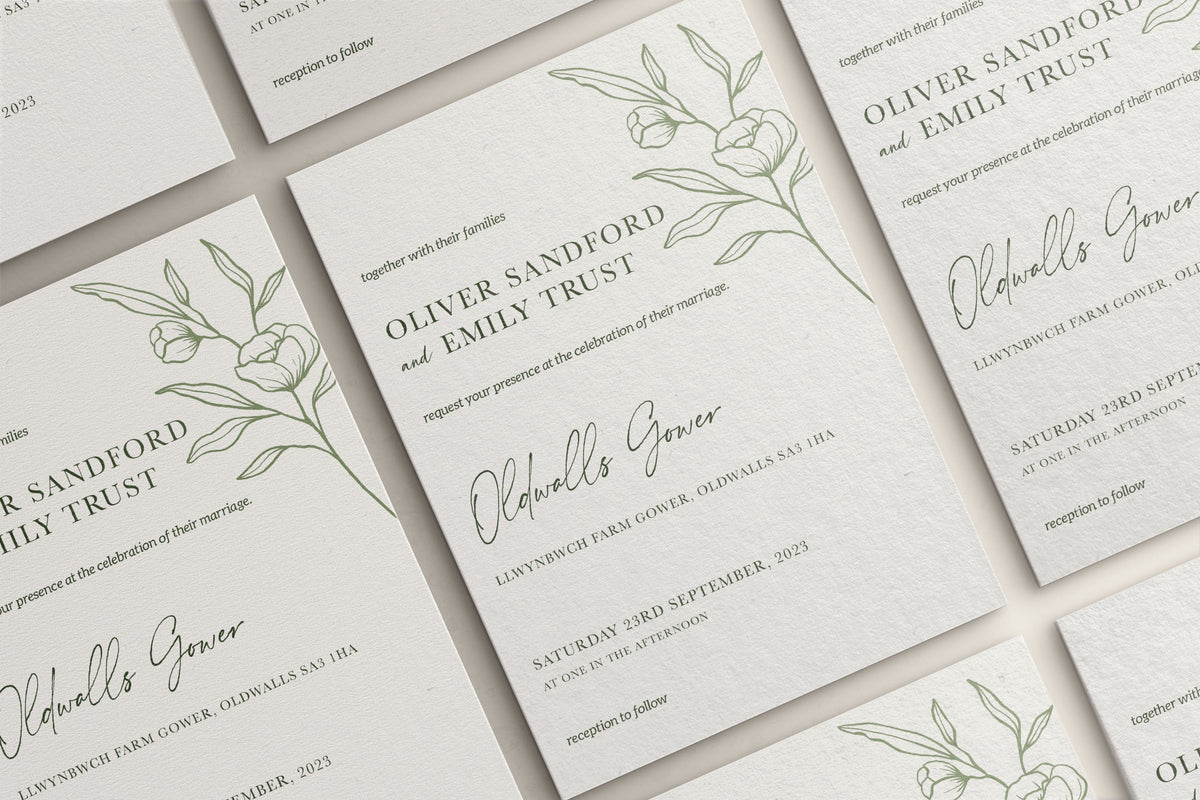 Wedding Invitation Sage Flower Design, Sage Wedding Stationery, Sage Flower Wedding Invites, Double Sided Invitations, Printed Invites
