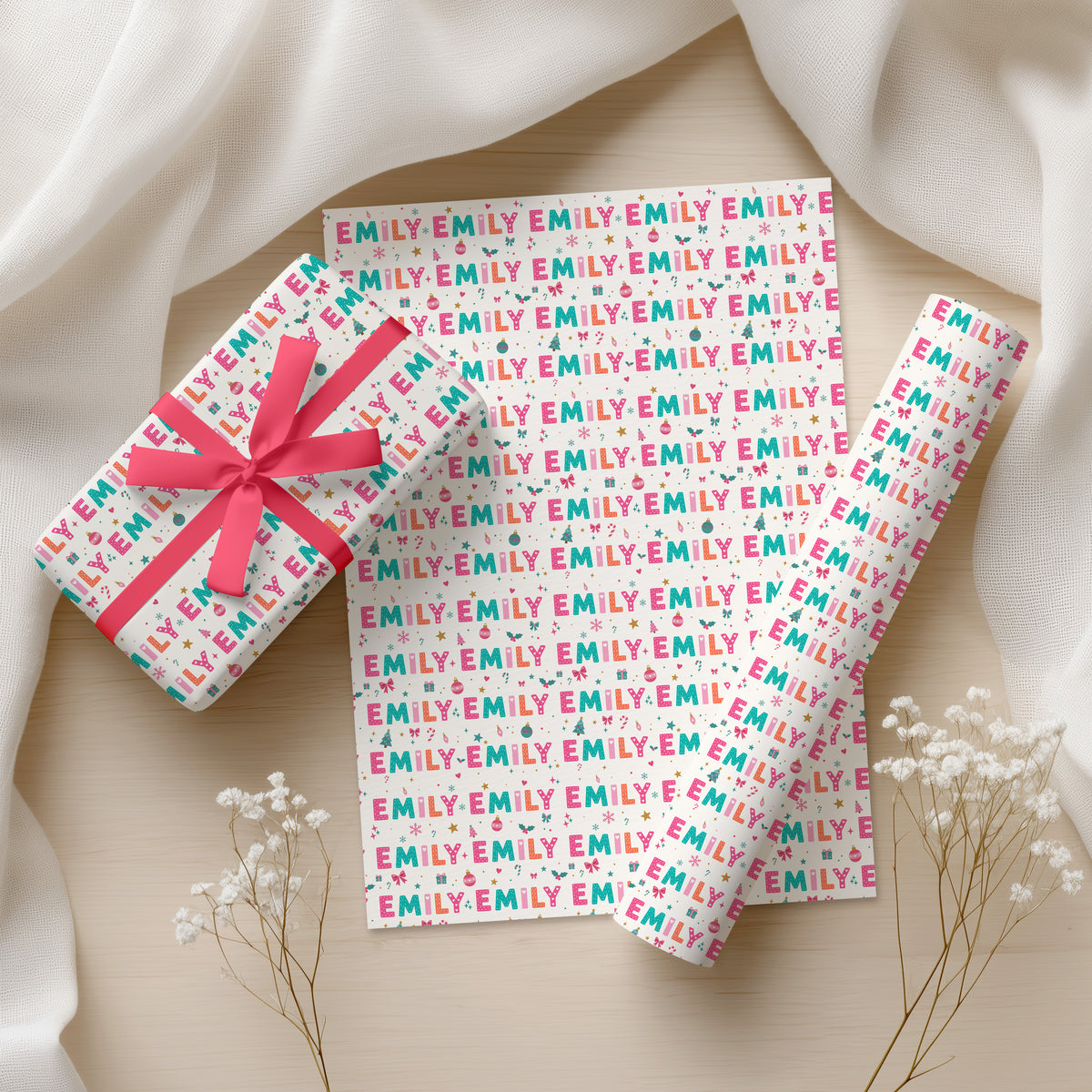 Pink Colourful Personalised Christmas Wrapping Paper