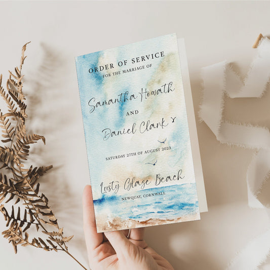 Wedding Order Of Service, 4 Page, Seascape Design, A5, Wedding Schedule, Wedding Programs, Wedding Booklet, Beach Wedding, Destination.