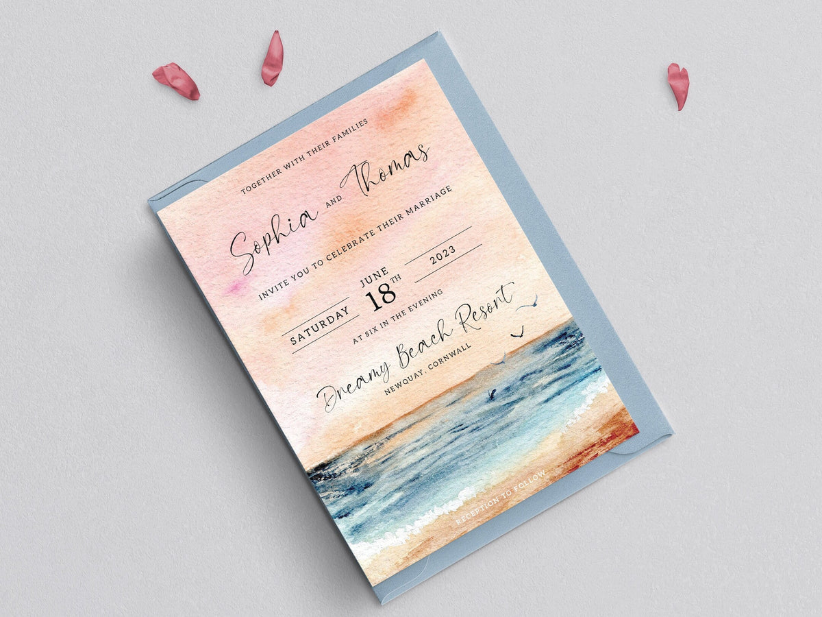 Sunset Beach Wedding Invitation Set, Watercolour Wedding Invitations, Destination Wedding, Sea and Beach Wedding, Coastal Design, Sunset.