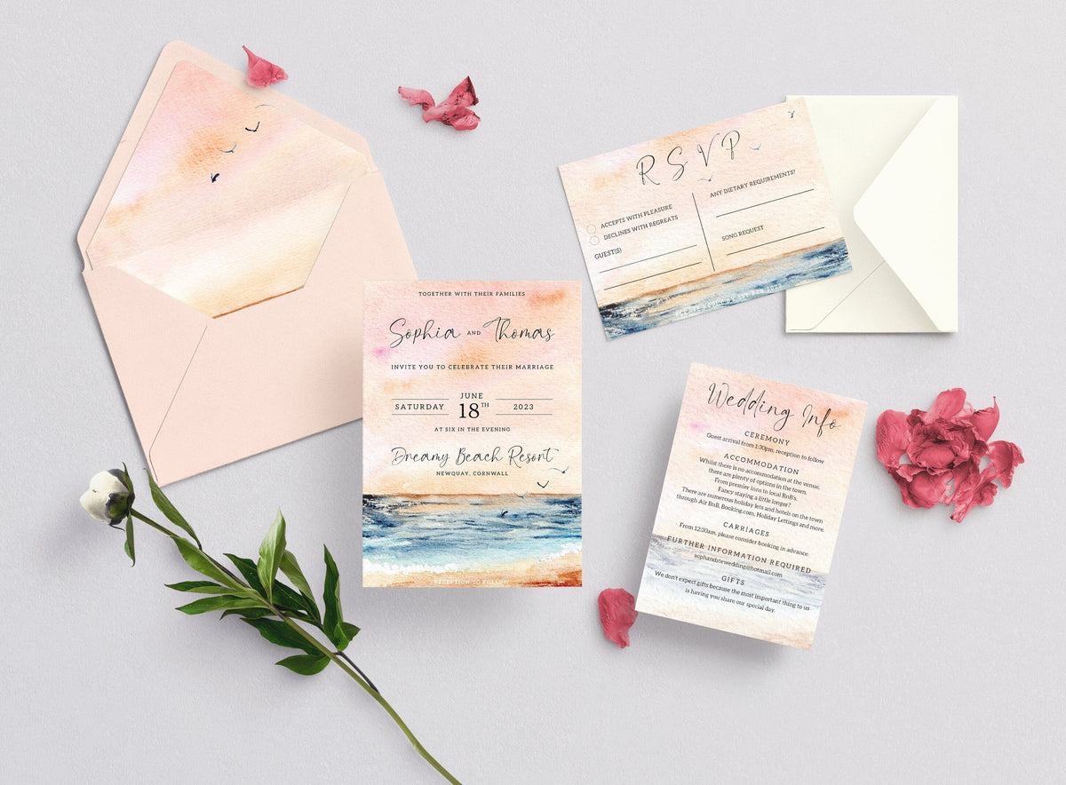 Sunset Beach Wedding Invitation Set, Watercolour Wedding Invitations, Destination Wedding, Sea and Beach Wedding, Coastal Design, Sunset.