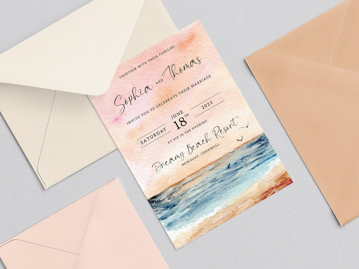 Sunset Beach Wedding Invitation Set, Watercolour Wedding Invitations, Destination Wedding, Sea and Beach Wedding, Coastal Design, Sunset.