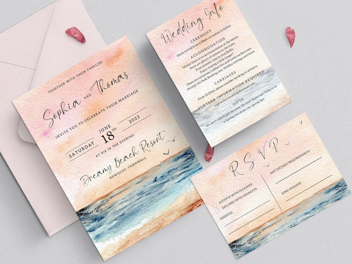 Sunset Beach Wedding Invitation Set, Watercolour Wedding Invitations, Destination Wedding, Sea and Beach Wedding, Coastal Design, Sunset.