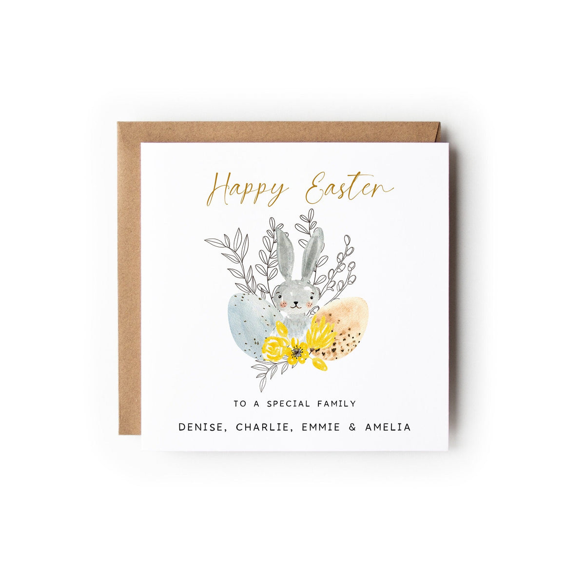 Easter Card with a cute little grey bunny hiding behind 2 Easter eggs, Text above reads Happy Easter and the text below reads To a special ... (insert title here eg couple, mum etc) with the names underneath.