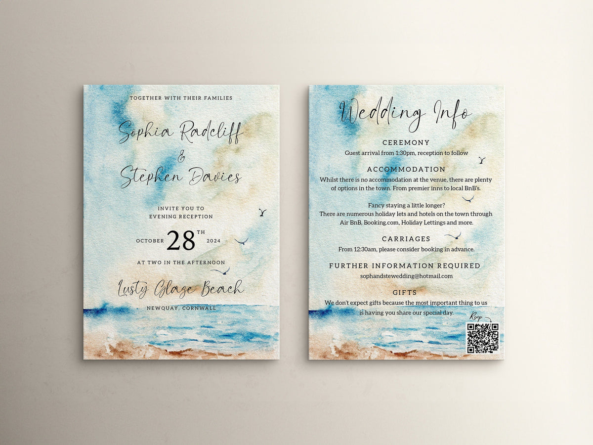 Wedding Invitation Seascape Design, Wedding Stationery, Wedding Invites, Double Sided Invitations, Printed Invitations, Beach Wedding Invite