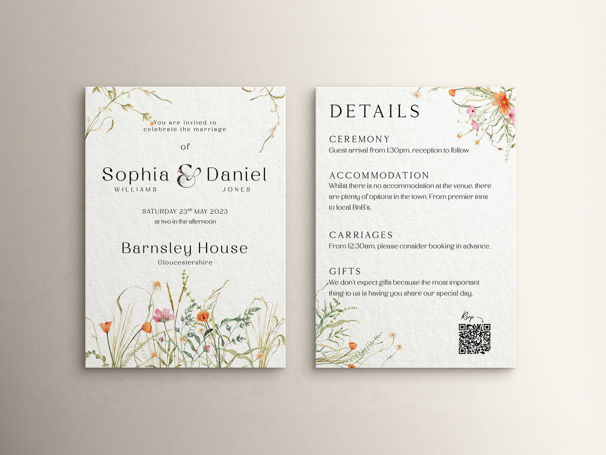 Wedding Invitation Bloom Design, Floral Wedding Stationery, Wildflower Wedding Invites, Double Sided Invitations, Printed Invitations,