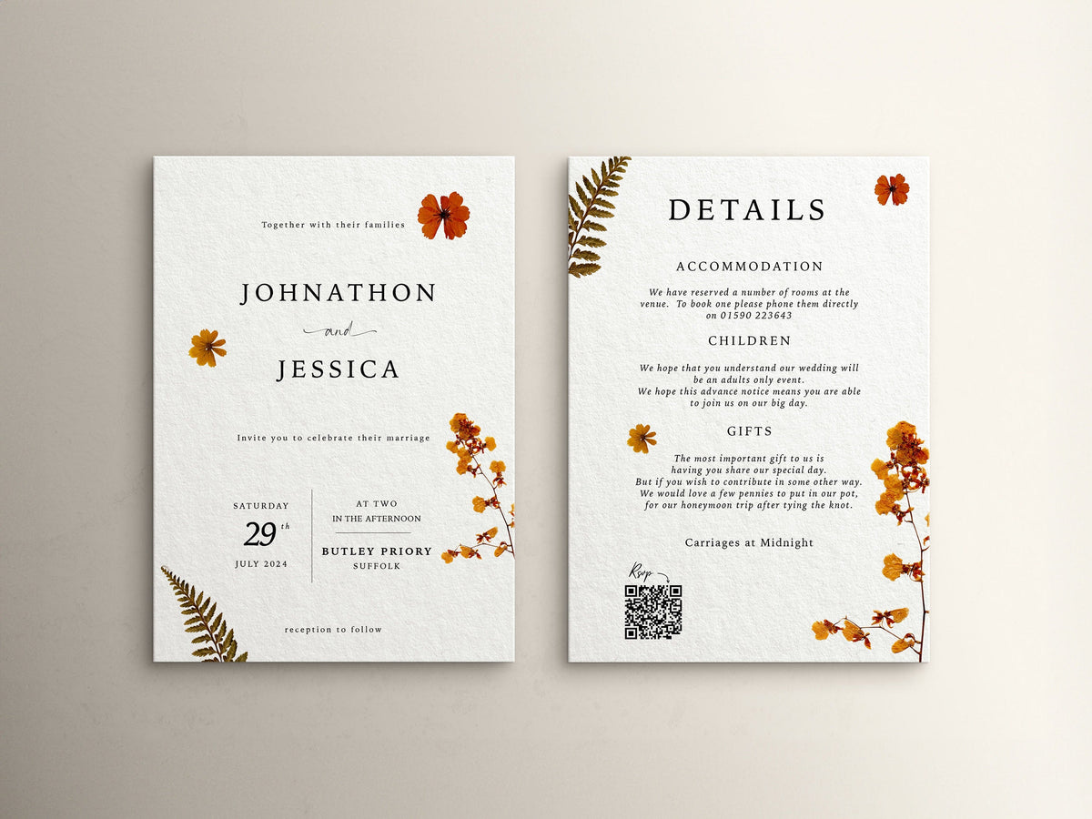Wedding Invitation Pressed Flower Design, Floral Wedding Stationery, Wildflower Wedding Invites, Double Sided Invitations, Printed Invites