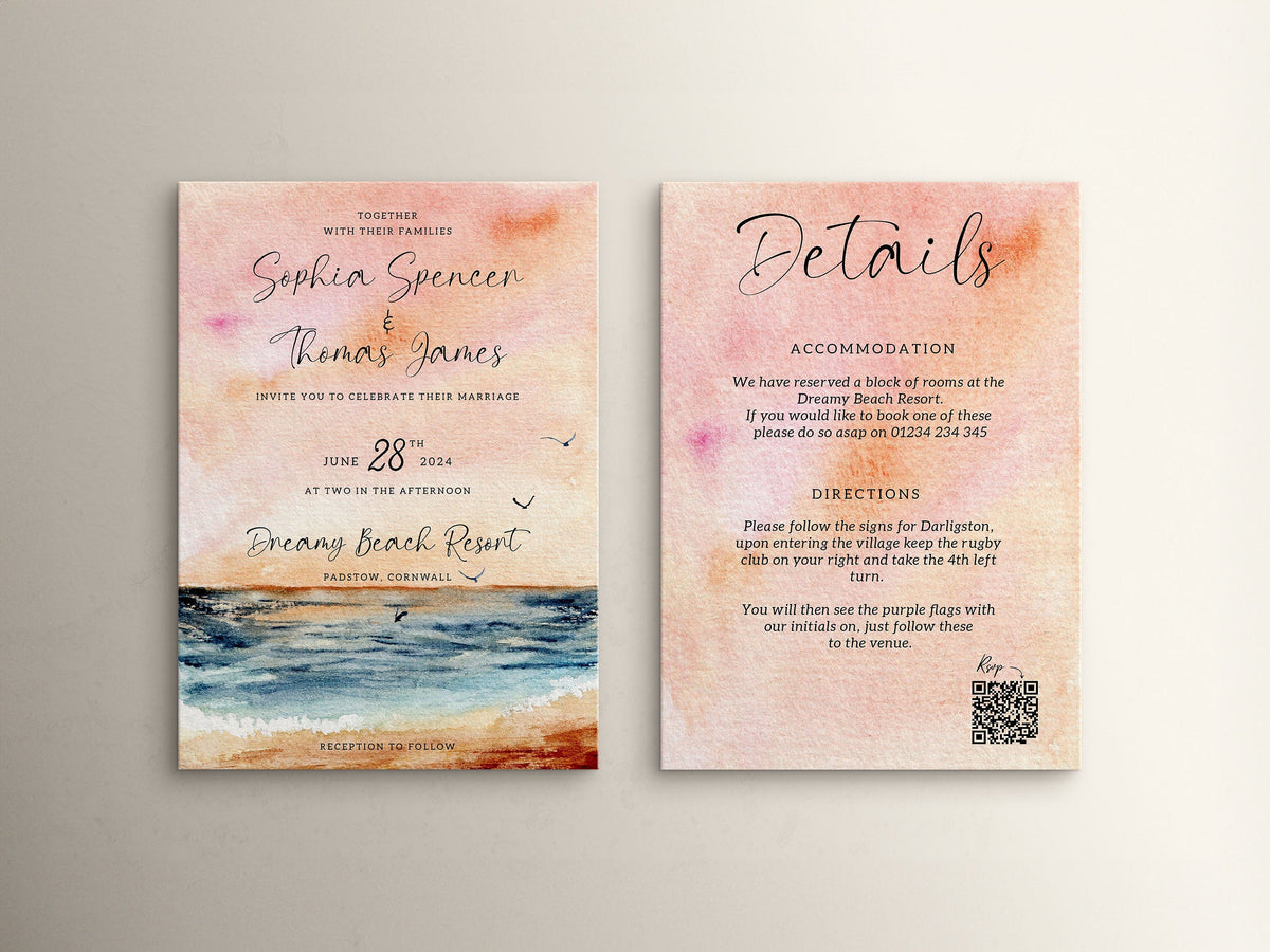 Wedding Invitation Azure Design, Wedding Stationery, Wedding Invites, Double Sided Invitations, Printed Invitations, Beach Wedding Invite