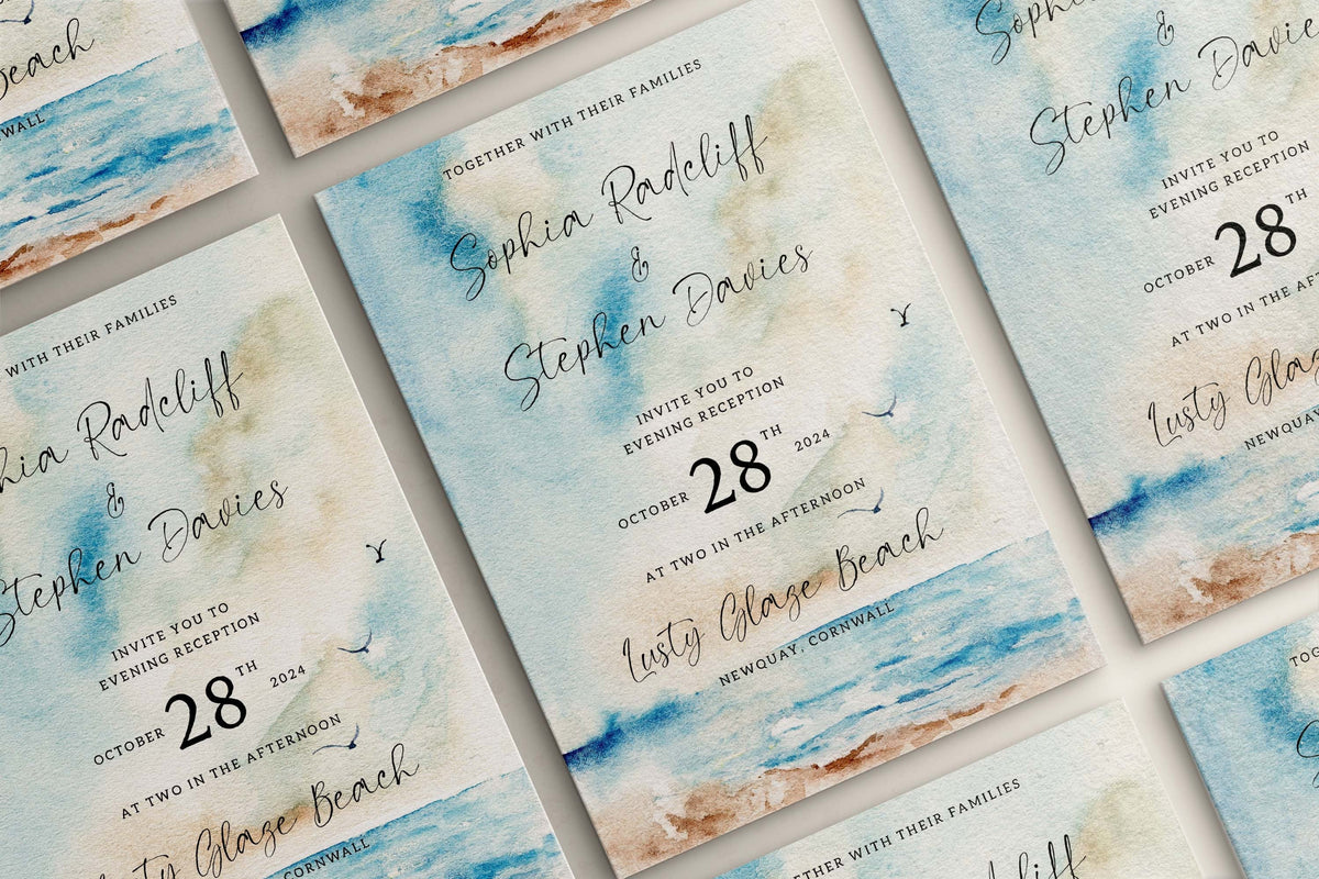 Wedding Invitation Seascape Design, Wedding Stationery, Wedding Invites, Double Sided Invitations, Printed Invitations, Beach Wedding Invite