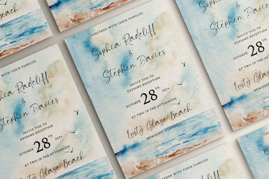 Wedding Invitation Seascape Design, Wedding Stationery, Wedding Invites, Double Sided Invitations, Printed Invitations, Beach Wedding Invite