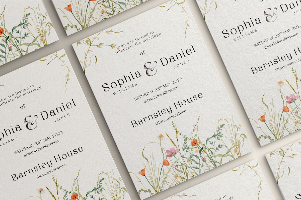 Wedding Invitation Bloom Design, Floral Wedding Stationery, Wildflower Wedding Invites, Double Sided Invitations, Printed Invitations,