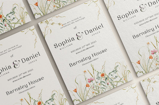 Wedding Invitation Bloom Design, Floral Wedding Stationery, Wildflower Wedding Invites, Double Sided Invitations, Printed Invitations,