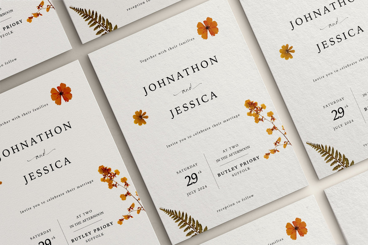 Wedding Invitation Pressed Flower Design, Floral Wedding Stationery, Wildflower Wedding Invites, Double Sided Invitations, Printed Invites