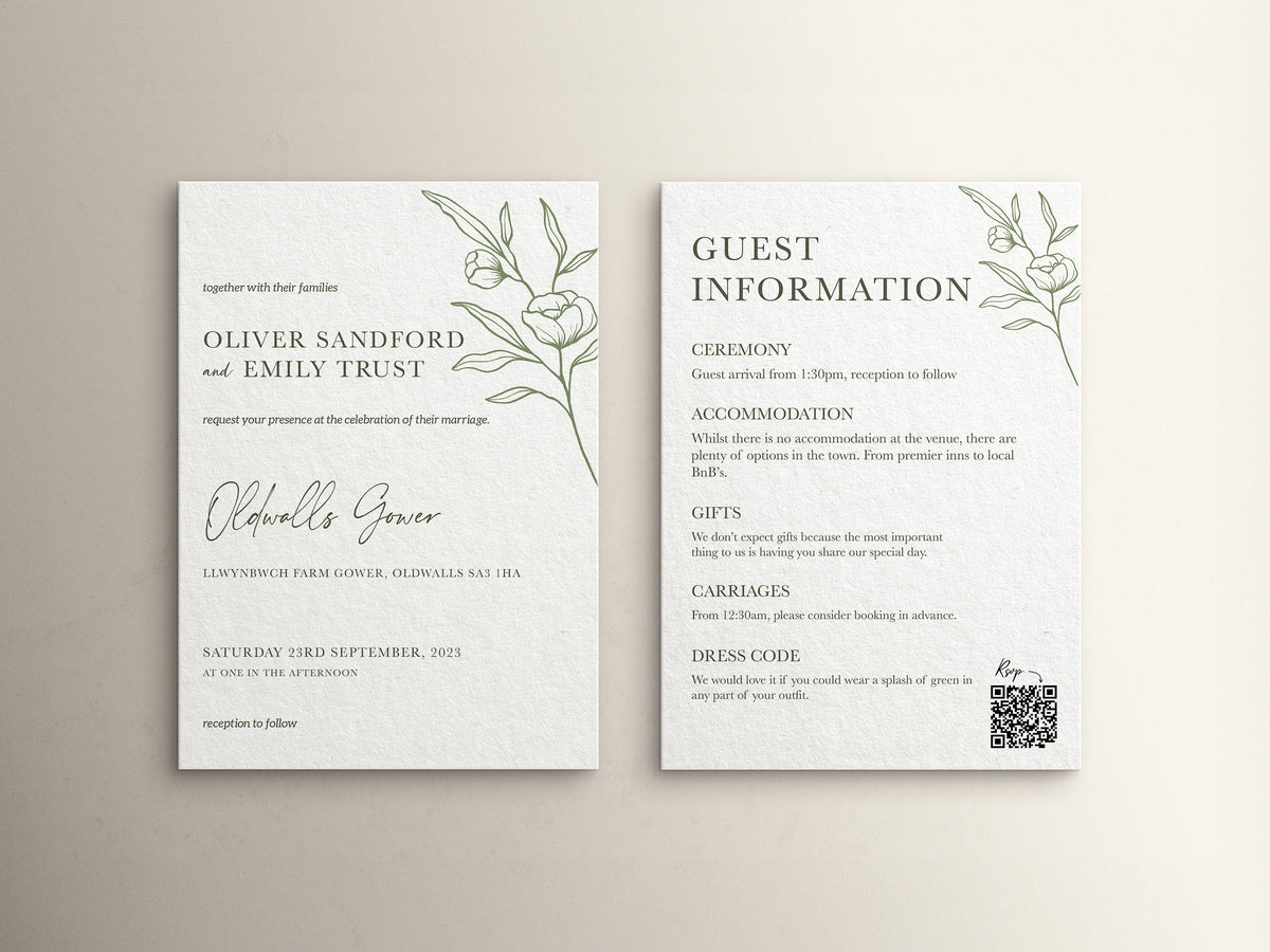 Wedding Invitation Sage Flower Design, Sage Wedding Stationery, Sage Flower Wedding Invites, Double Sided Invitations, Printed Invites