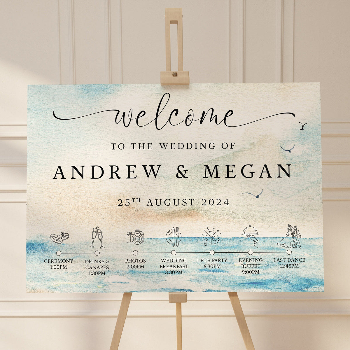 Seascape Wedding Welcome Sign: Coastal Watercolour With Schedule