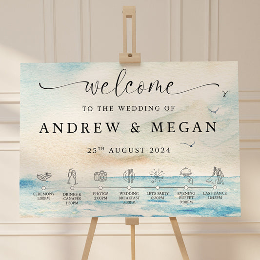 Seascape Wedding Welcome Sign: Coastal Watercolour With Schedule