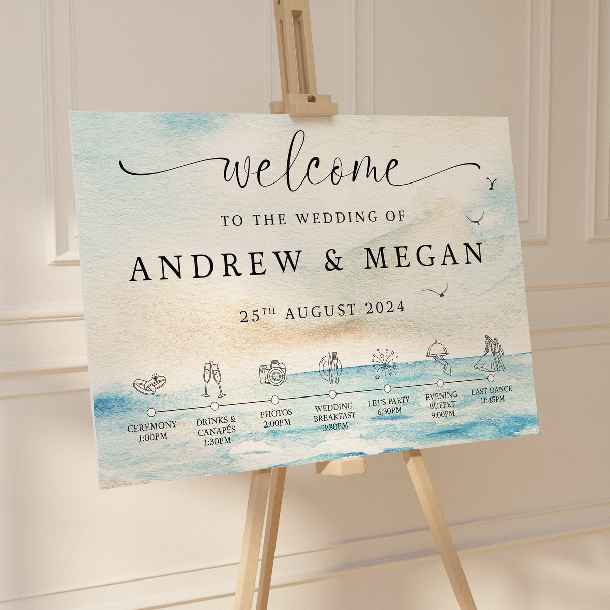 Seascape Wedding Welcome Sign: Coastal Watercolour With Schedule