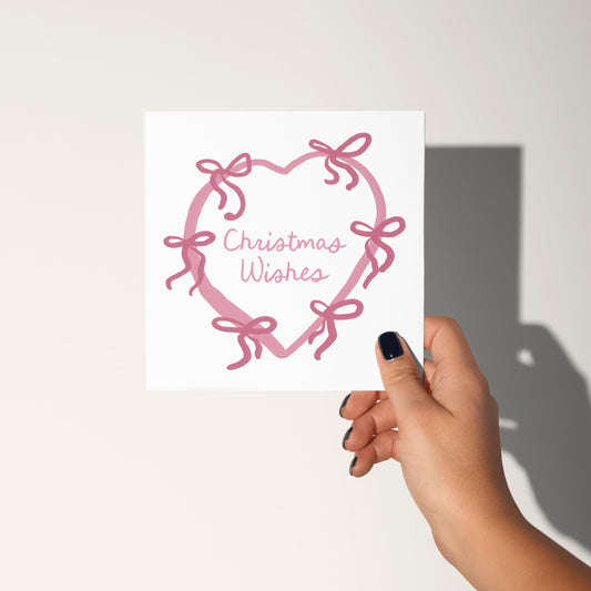 Pink Heart & Bow Christmas Card: Elegant Xmas Greeting Card