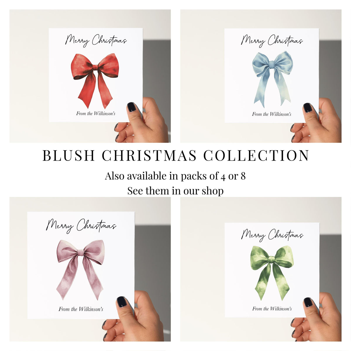 Watercolour Pink Bow Christmas Card: Elegant Xmas Greeting Card