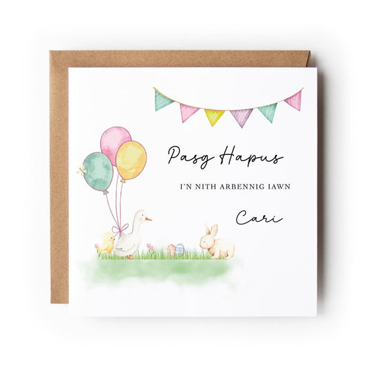 Personalised Welsh Easter Card for Niece or Nephew, Cerdyn Pasg Cymraeg personol i nith neu nai, Cerdyn Pasg Hapus
