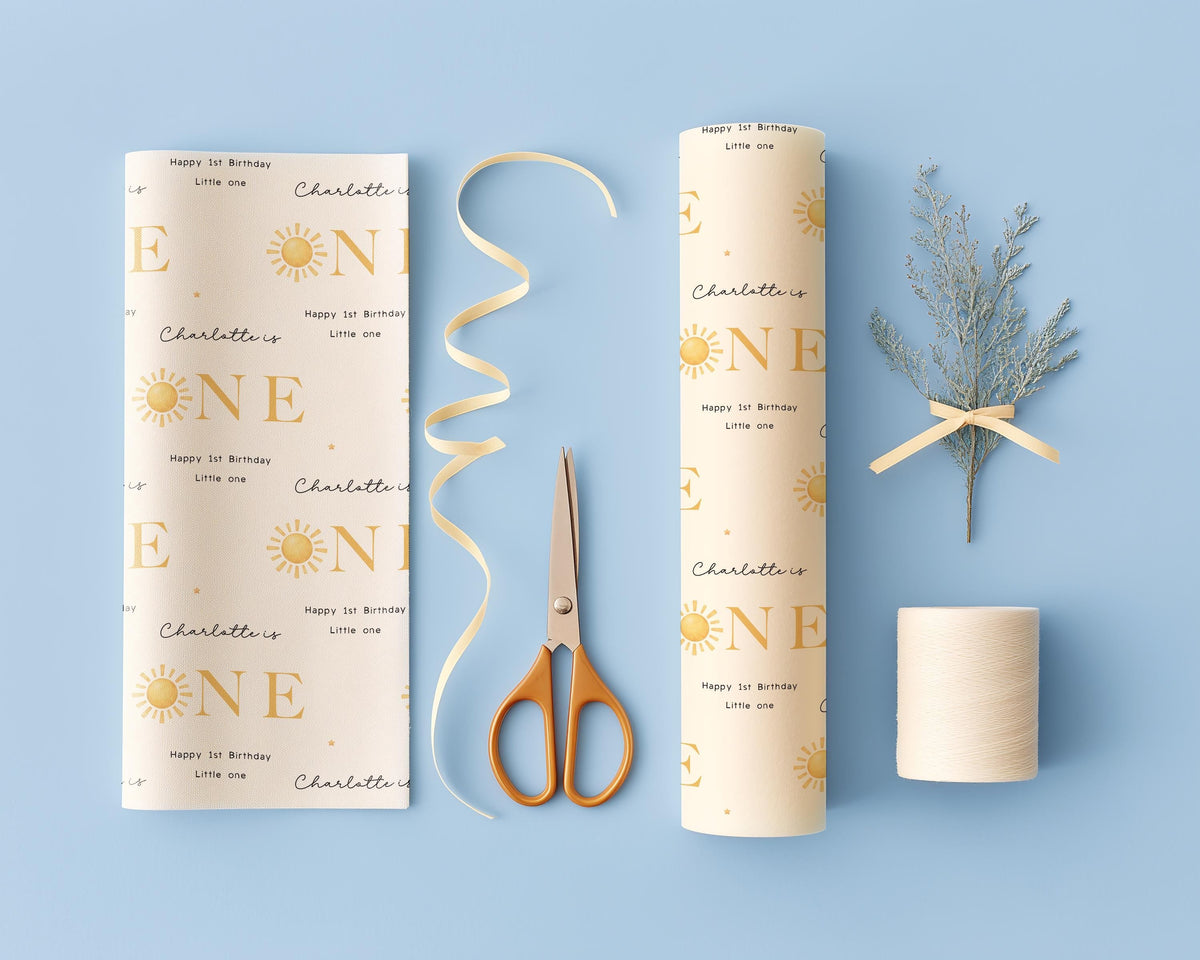 Personalised First Birthday Wrapping Paper, Custom Name, 1st Birthday Paper, Neutral Baby Gift Wrap, Modern First Birthday Wrap