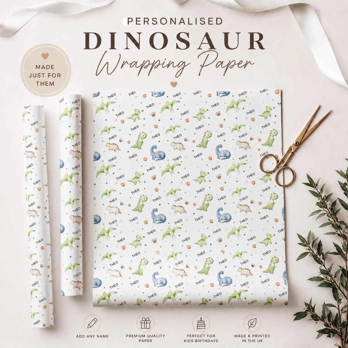 Personalised Dinosaur Wrapping Paper, Birthday Gift Wrap, Dinosaur Birthday, Custom Name Gift Wrap, Childrens Birthday Paper, Dinosaur Theme