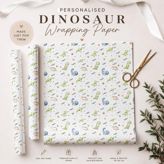 Personalised Dinosaur Wrapping Paper, Birthday Gift Wrap, Dinosaur Birthday, Custom Name Gift Wrap, Childrens Birthday Paper, Dinosaur Theme