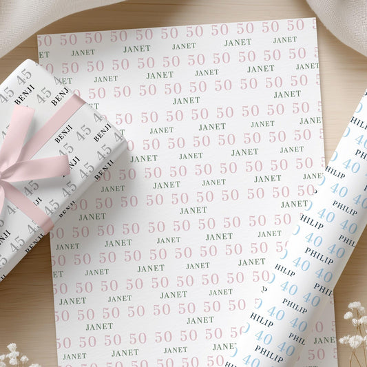 Personalised Birthday Wrapping Paper, Name and Age Gift Wrap, Milestone Birthday Gift Wrap, Personalised Gift Wrap Any Age