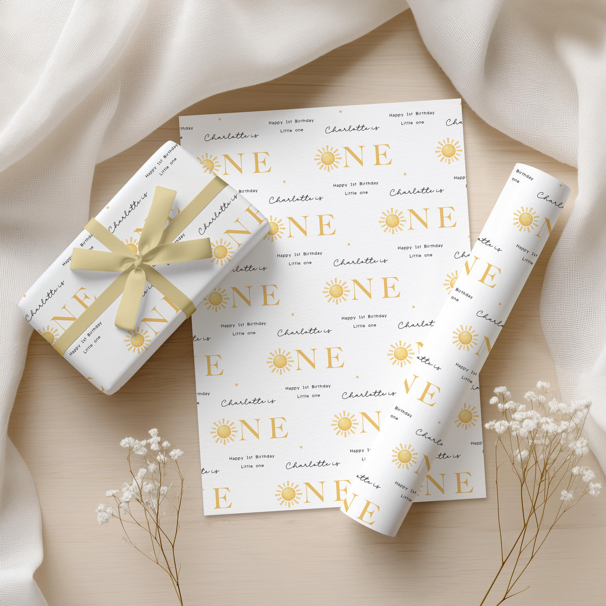 Personalised First Birthday Wrapping Paper, Custom Name, 1st Birthday Paper, Neutral Baby Gift Wrap, Modern First Birthday Wrap