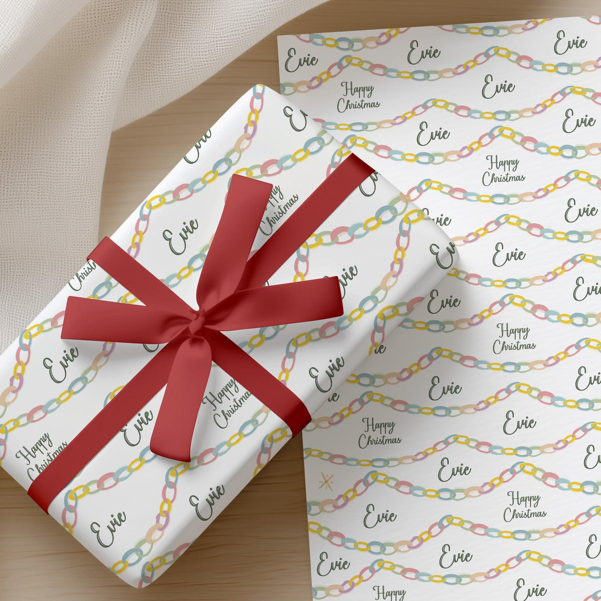 Personalised Christmas Wrapping Paper, Colourful Paper Chain Name Gift Wrap