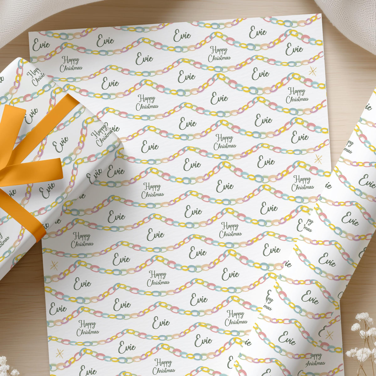 Personalised Christmas Wrapping Paper, Colourful Paper Chain Name Gift Wrap