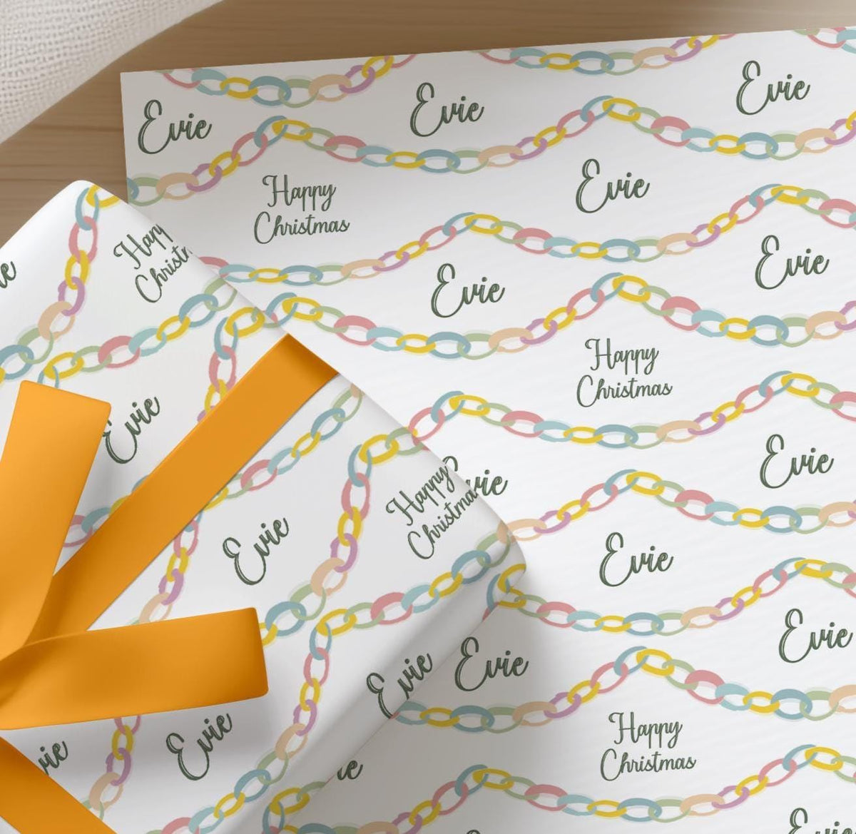 Personalised Christmas Wrapping Paper, Colourful Paper Chain Name Gift Wrap
