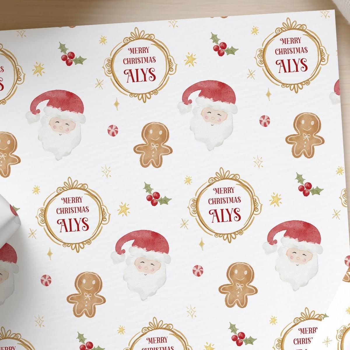 Personalised Christmas Wrapping Paper, Traditional Santa & Gingerbread with Personalised Name, Gift Wrap