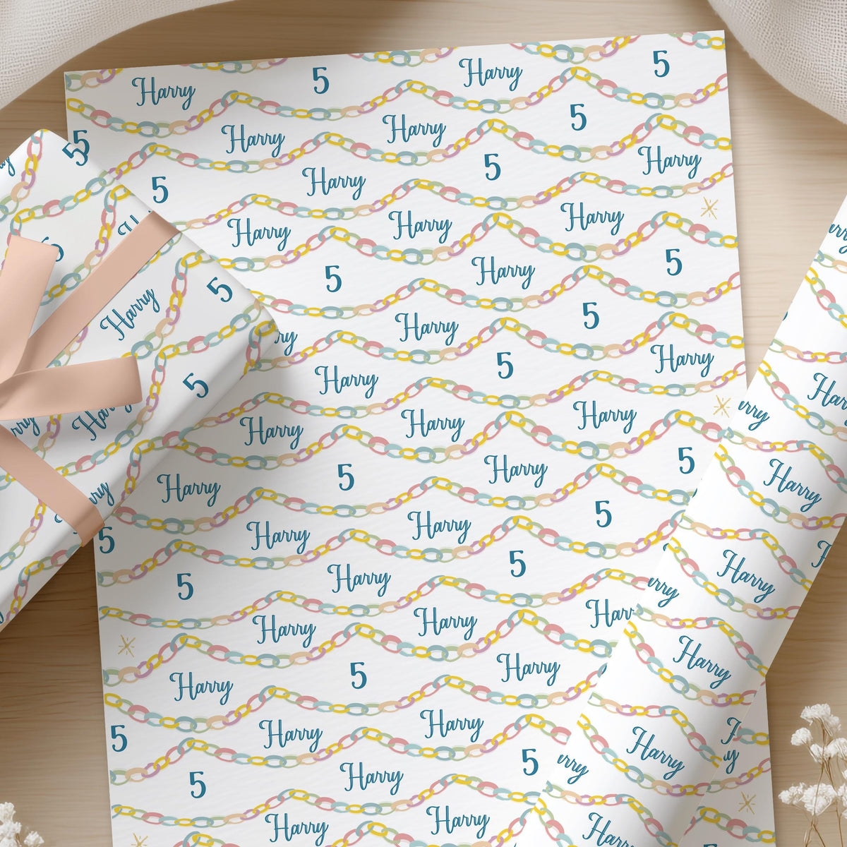 Personalised Birthday Wrapping Paper, Name & Age Colourful Paper Chain Gift Wrap