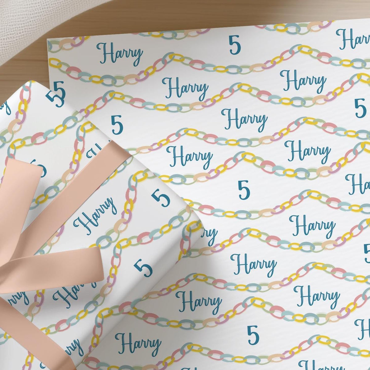 Personalised Birthday Wrapping Paper, Name & Age Colourful Paper Chain Gift Wrap