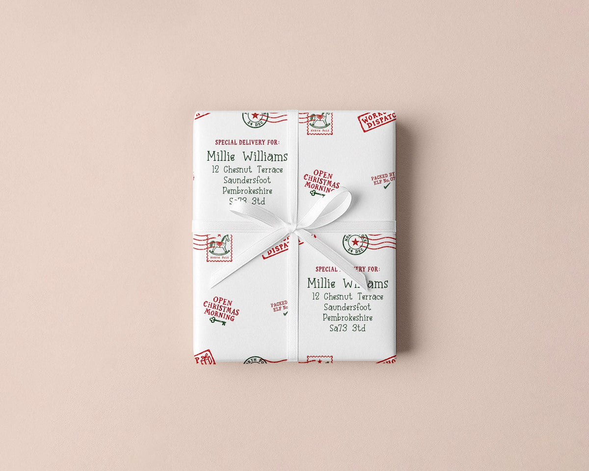 Personalised Christmas Wrapping Paper, North Pole Special Delivery Name & Address Gift Wrap