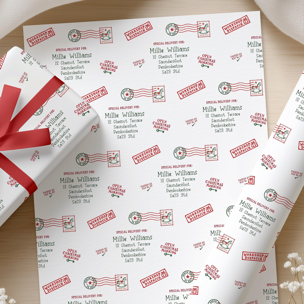 Personalised Christmas Wrapping Paper, North Pole Special Delivery Name & Address Gift Wrap