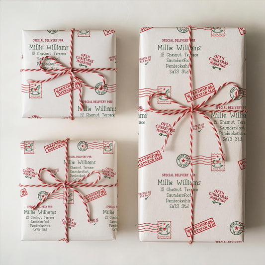 Personalised Christmas Wrapping Paper, North Pole Special Delivery Name & Address Gift Wrap