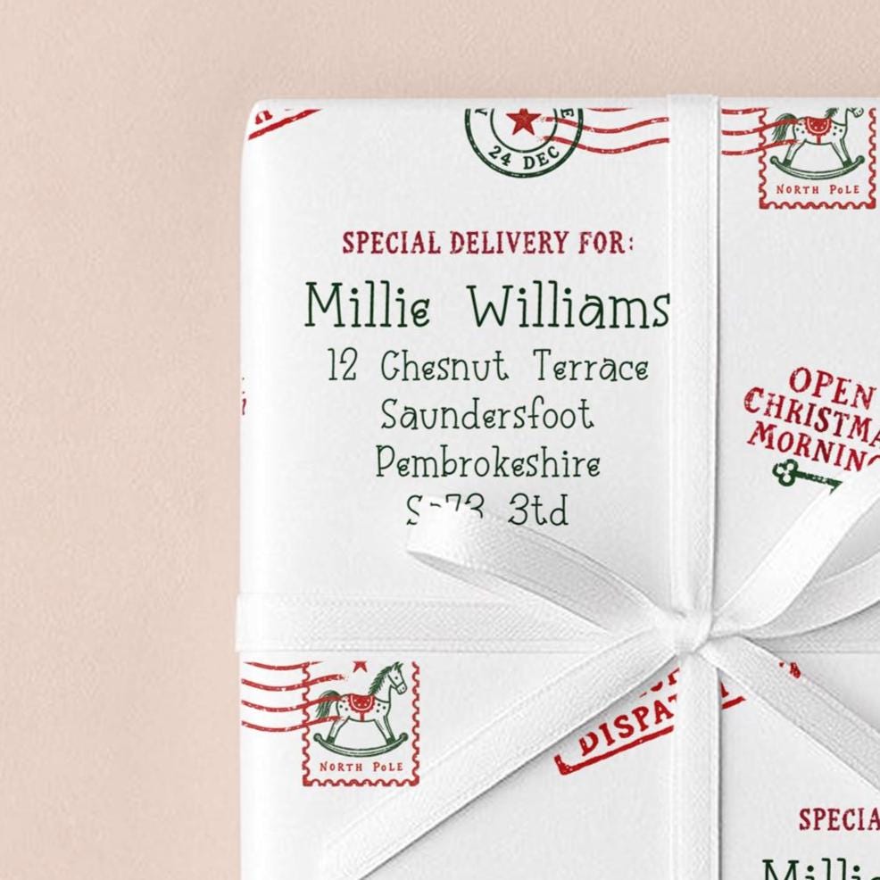 Personalised Christmas Wrapping Paper, North Pole Special Delivery Name & Address Gift Wrap