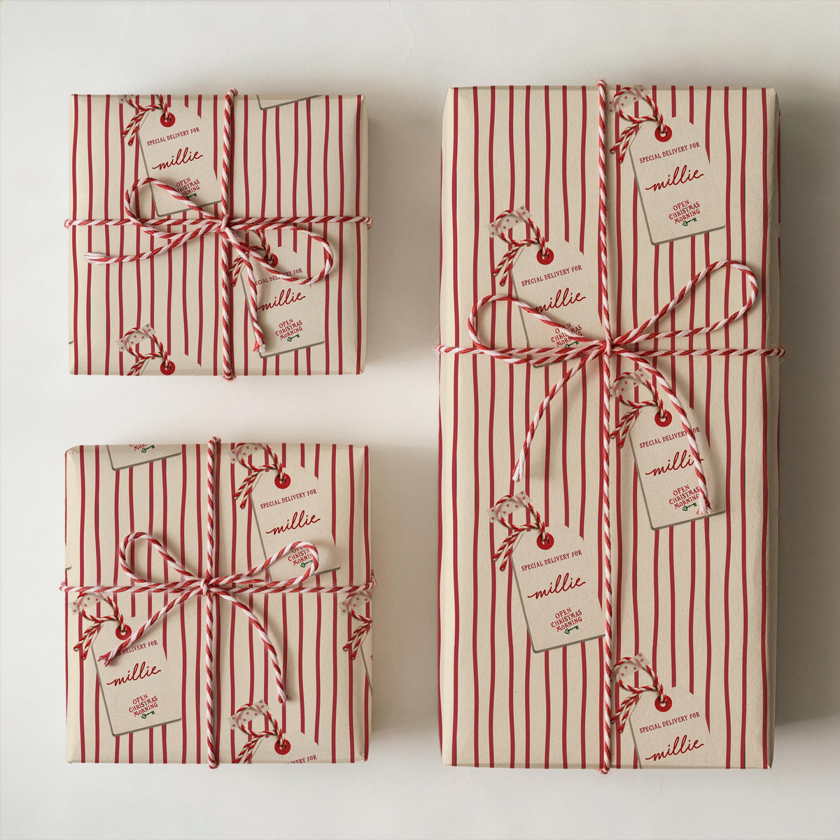 Personalised Christmas Wrapping Paper, Red Stripe, Name Gift Tag Christmas Gift Wrap