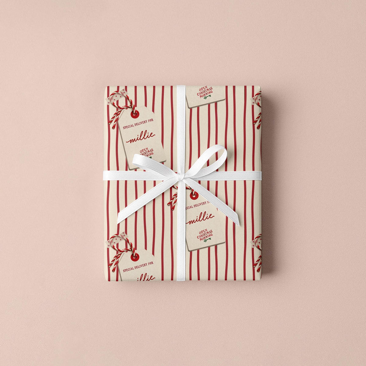 Personalised Christmas Wrapping Paper, Red Stripe, Name Gift Tag Christmas Gift Wrap