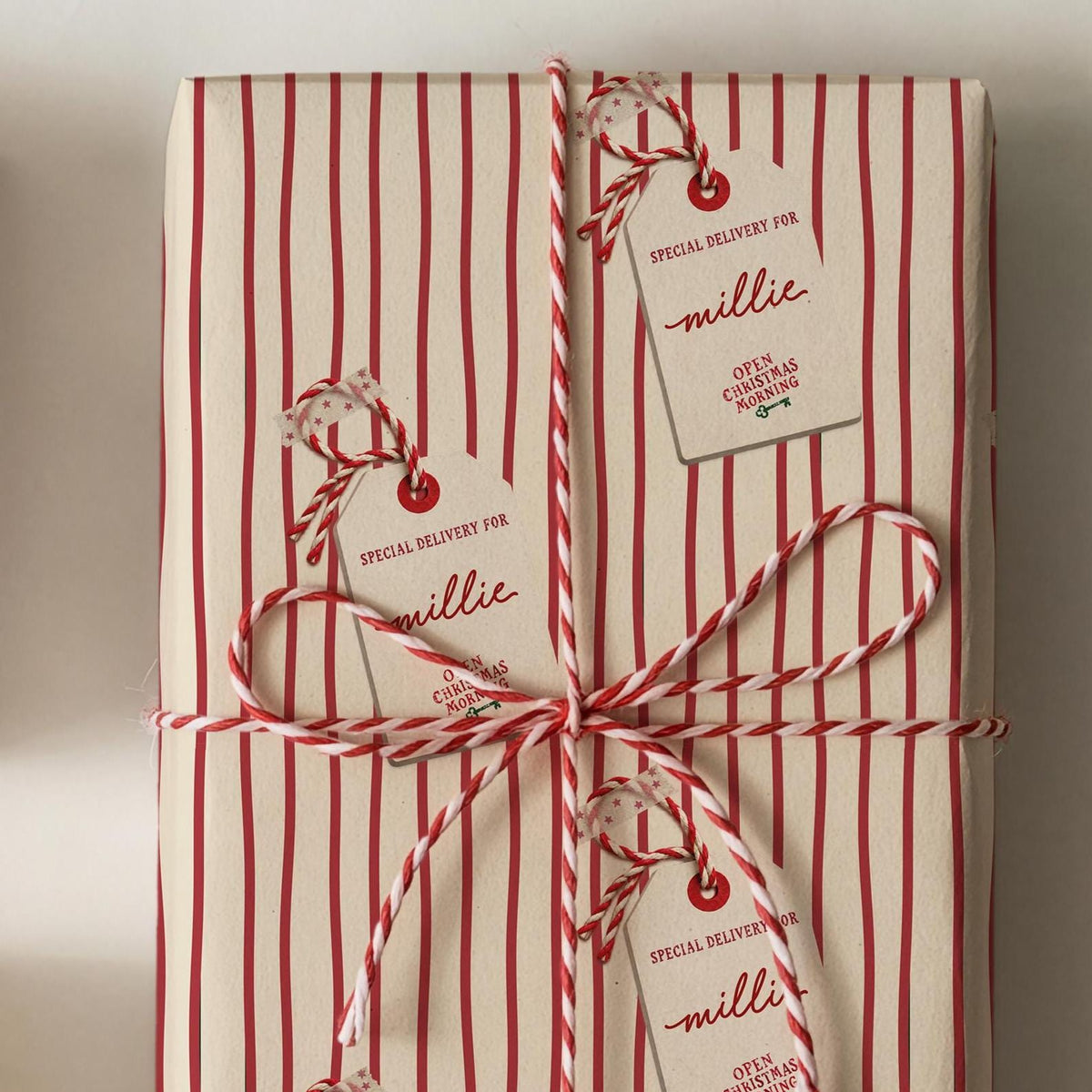 Personalised Christmas Wrapping Paper, Red Stripe, Name Gift Tag Christmas Gift Wrap