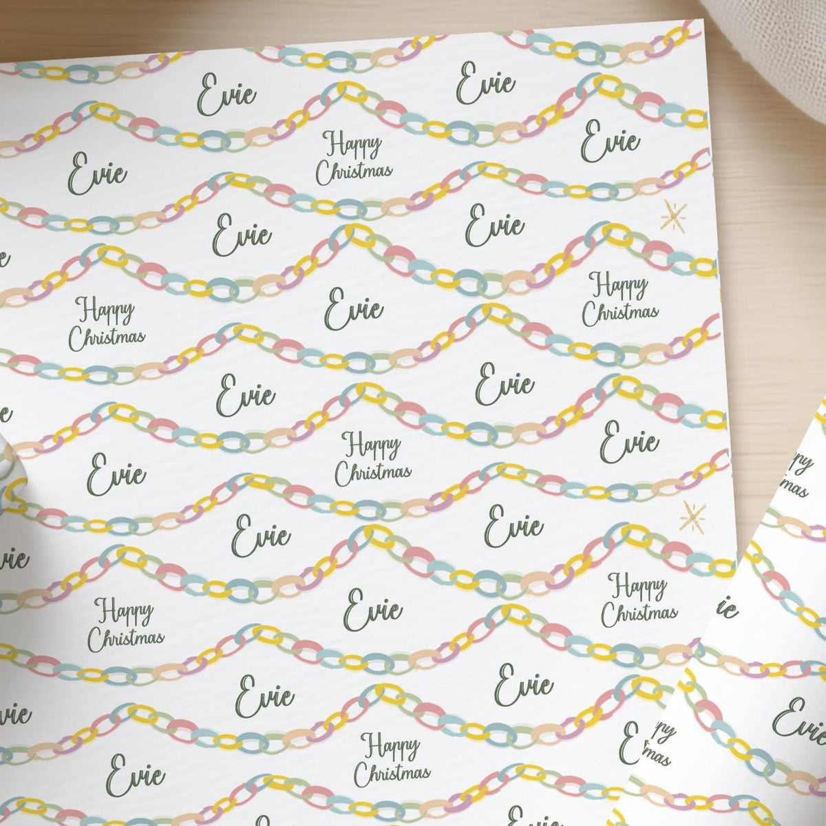 Personalised Christmas Wrapping Paper, Colourful Paper Chain Name Gift Wrap