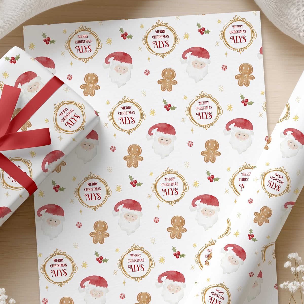 Personalised Christmas Wrapping Paper, Traditional Santa & Gingerbread with Personalised Name, Gift Wrap