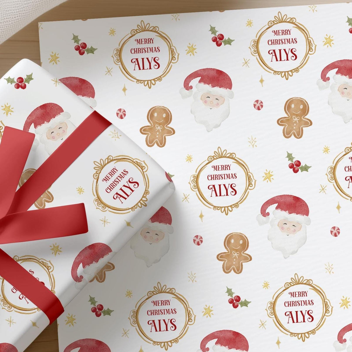 Personalised Christmas Wrapping Paper, Traditional Santa & Gingerbread with Personalised Name, Gift Wrap