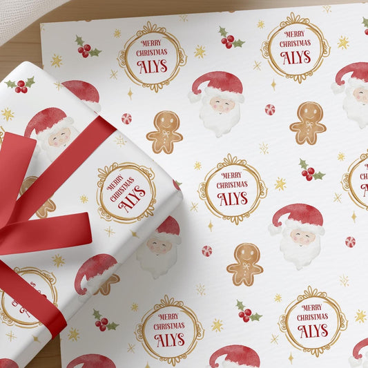 Personalised Christmas Wrapping Paper, Traditional Santa & Gingerbread with Personalised Name, Gift Wrap