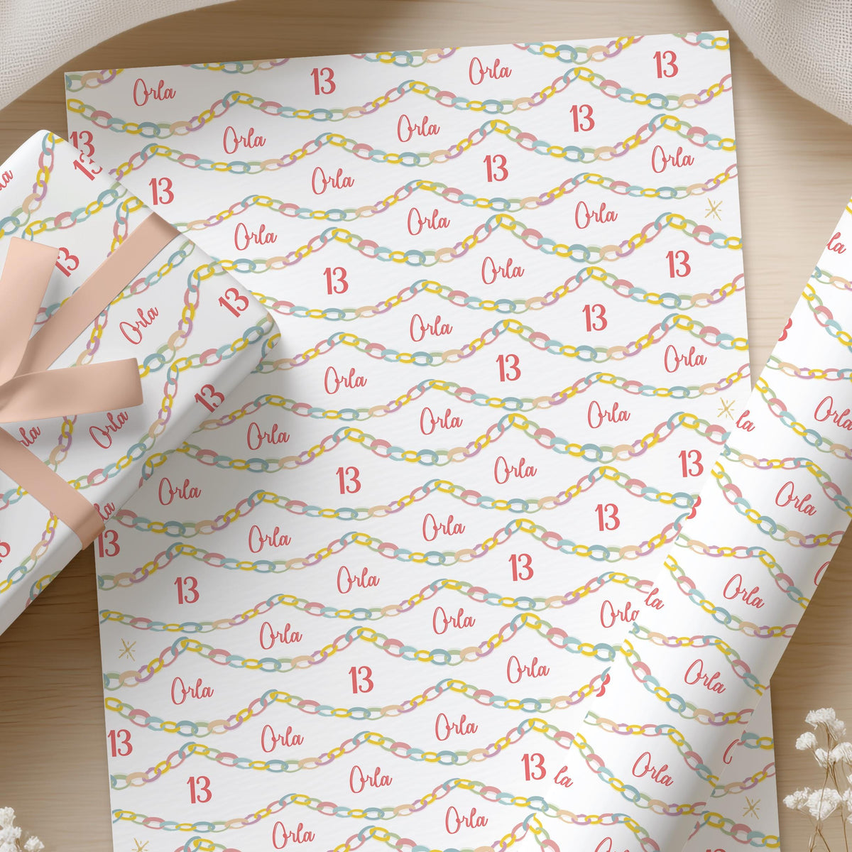 Personalised Birthday Wrapping Paper, Name & Age Colourful Paper Chain Gift Wrap