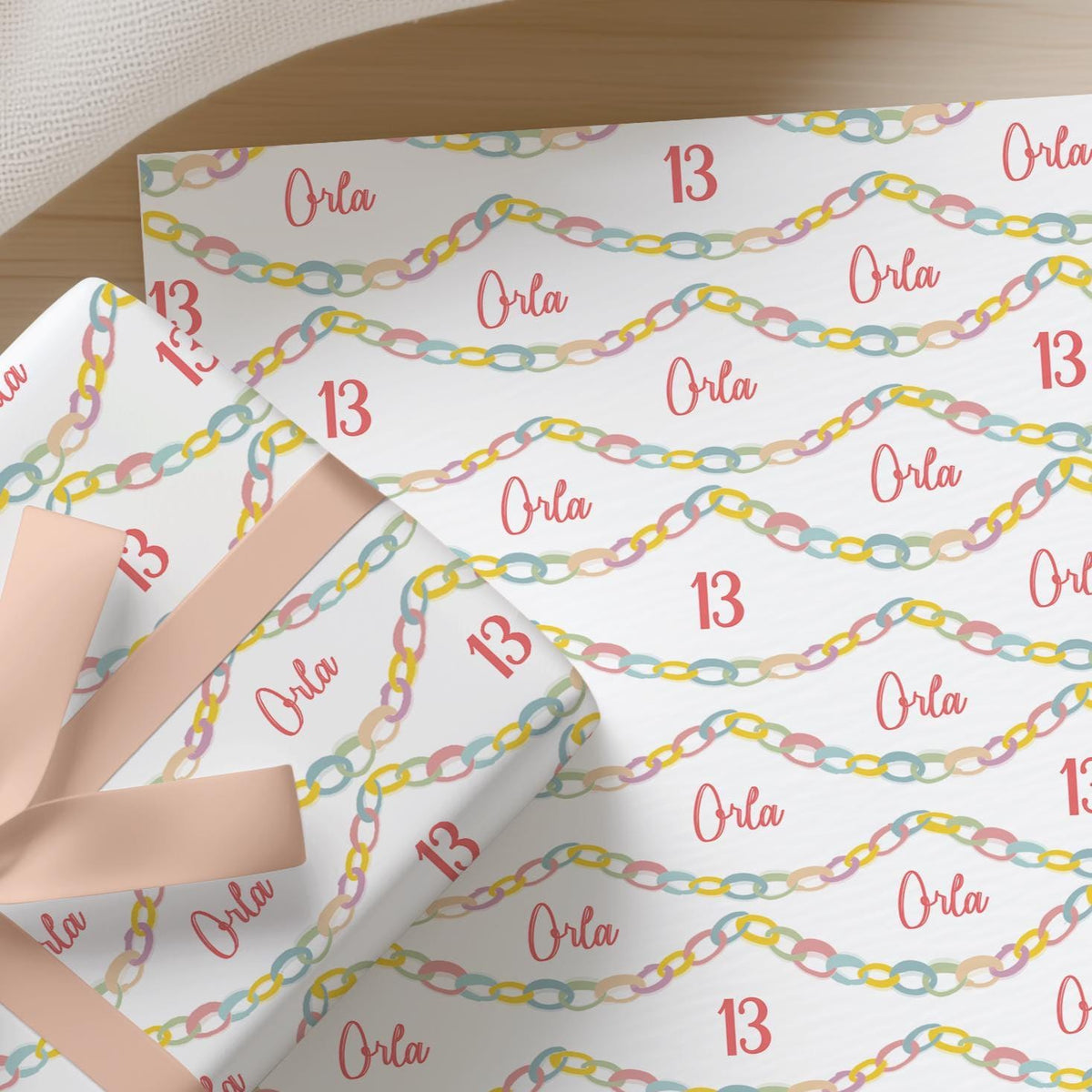 Personalised Birthday Wrapping Paper, Name & Age Colourful Paper Chain Gift Wrap